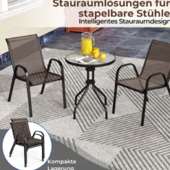 3tlg. Balkonmöbel Set Bistrotisch mit 2 Stapelbare Stühlen Bistroset Balkonset Gartenset Braun
