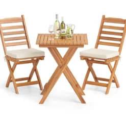 3tlg. Balkonmöbel Set Bistrotisch mit 2 Stühlen klappbares Balkonset aus Akazienholz mit 2 Kissen Cremeweiß (Horizontal)