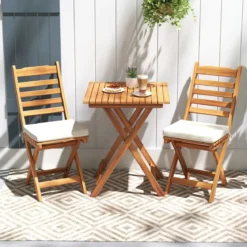 3tlg. Balkonmöbel Set Bistrotisch mit 2 Stühlen klappbares Balkonset aus Akazienholz mit 2 Kissen Cremeweiß (Horizontal)