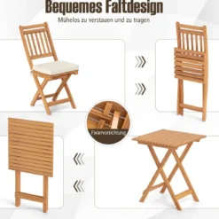 3tlg. Balkonmöbel Set Bistrotisch mit 2 Stühlen klappbares Balkonset aus Akazienholz mit 2 Kissen Cremeweiß (Vertikal)