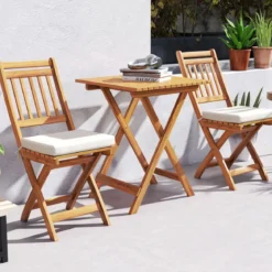 3tlg. Balkonmöbel Set Bistrotisch mit 2 Stühlen klappbares Balkonset aus Akazienholz mit 2 Kissen Cremeweiß (Vertikal)