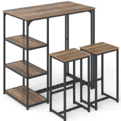 3 tlg. Bartisch Set für 2 Personen Bistrotisch mit 2 Barhockern Esstisch mit 3 Ablagefächer Küchentisch