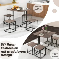 5 tlg. Bartisch Set Kleine Essgruppe mit Metallgestel Grau
