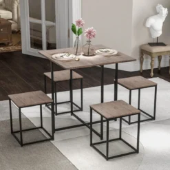 5 tlg. Bartisch Set Kleine Essgruppe mit Metallgestel Grau