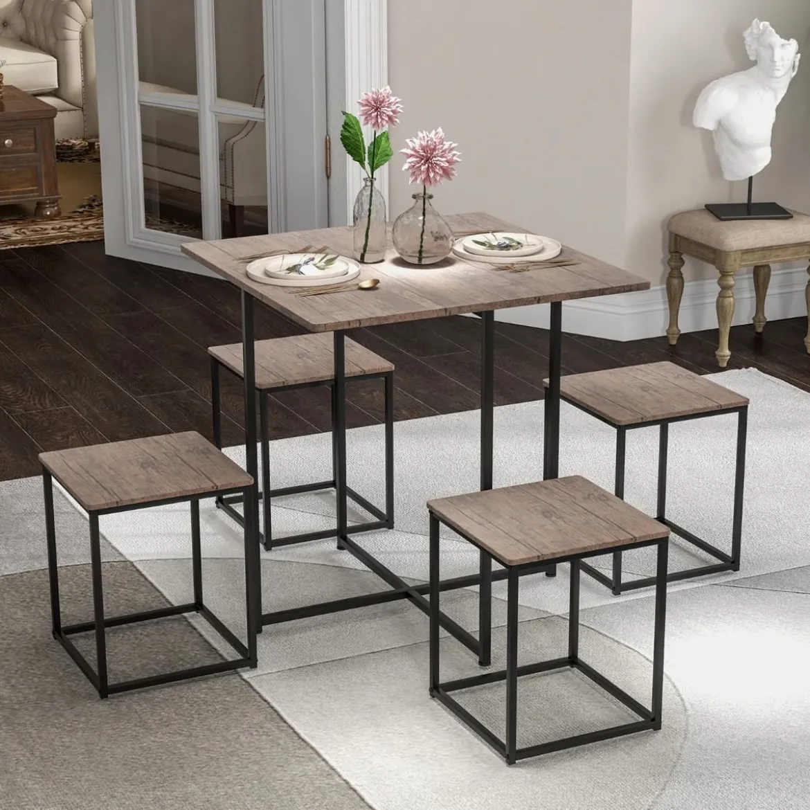 5 tlg. Bartisch Set Kleine Essgruppe mit Metallgestel Grau