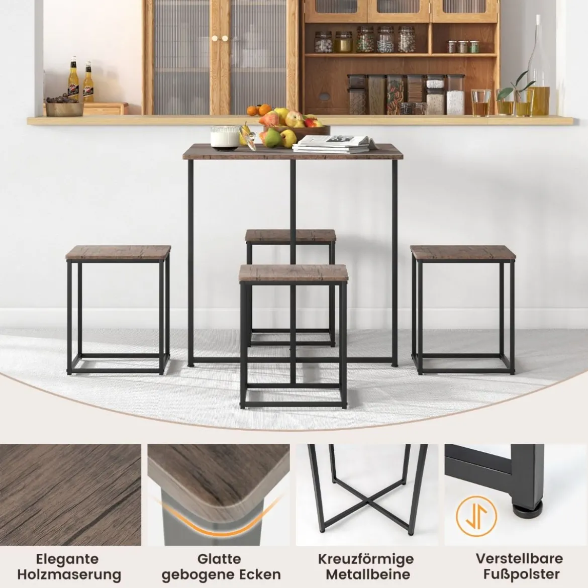 5 tlg. Bartisch Set Kleine Essgruppe mit Metallgestel Grau