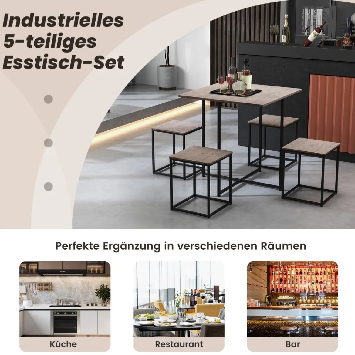 5 tlg. Bartisch Set Kleine Essgruppe mit Metallgestel Grau