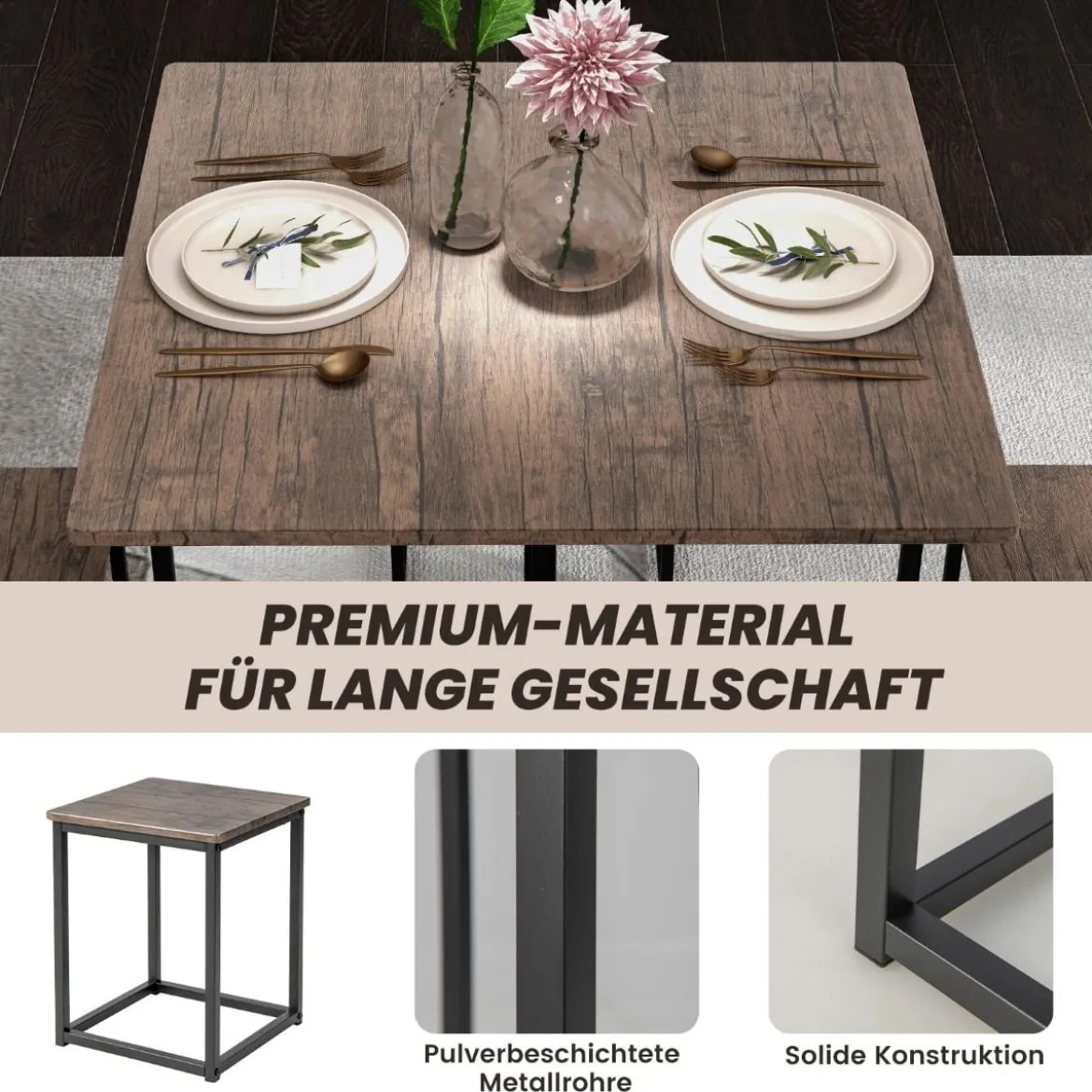 5 tlg. Bartisch Set Kleine Essgruppe mit Metallgestel Grau