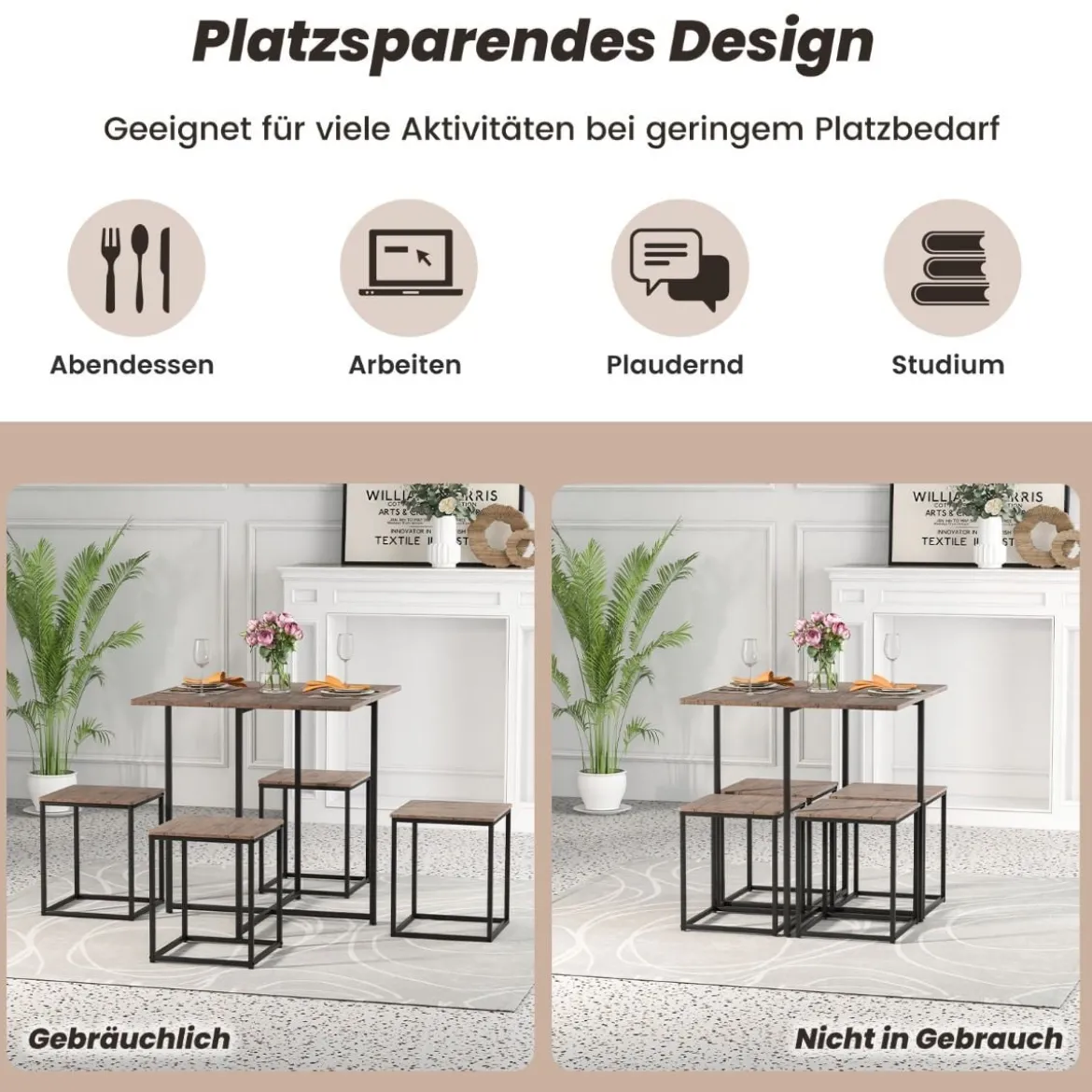5 tlg. Bartisch Set Kleine Essgruppe mit Metallgestel Grau