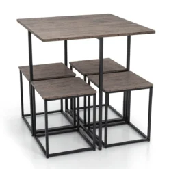5 tlg. Bartisch Set Kleine Essgruppe mit Metallgestel Grau