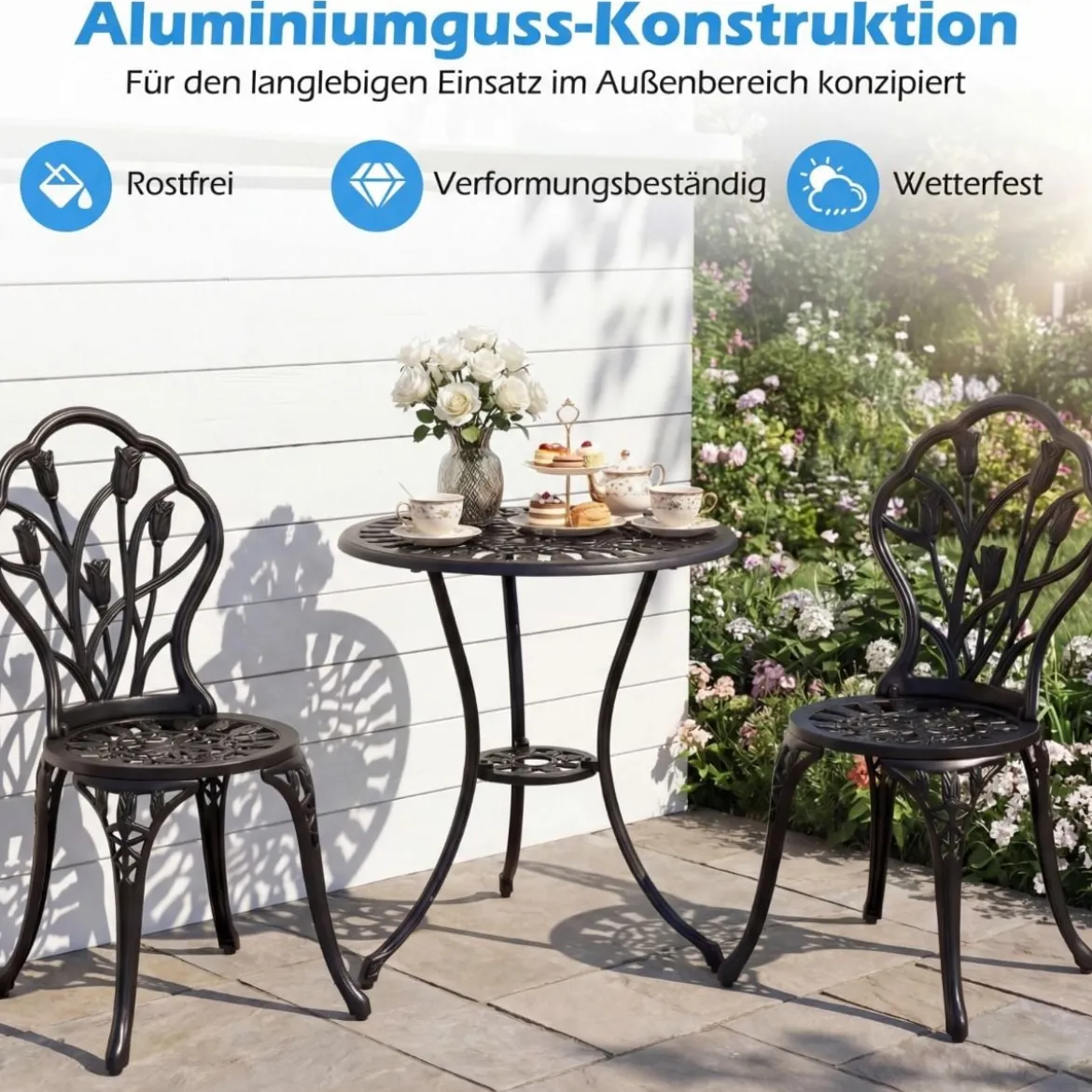 3 tlg. Bistroset inkl. Bistrotisch & 2 Stühle Aluminiumguss Gartengarnitur Sitzgruppe Balkonset
