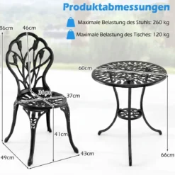 3 tlg. Bistroset inkl. Bistrotisch & 2 Stühle Aluminiumguss Gartengarnitur Sitzgruppe Balkonset