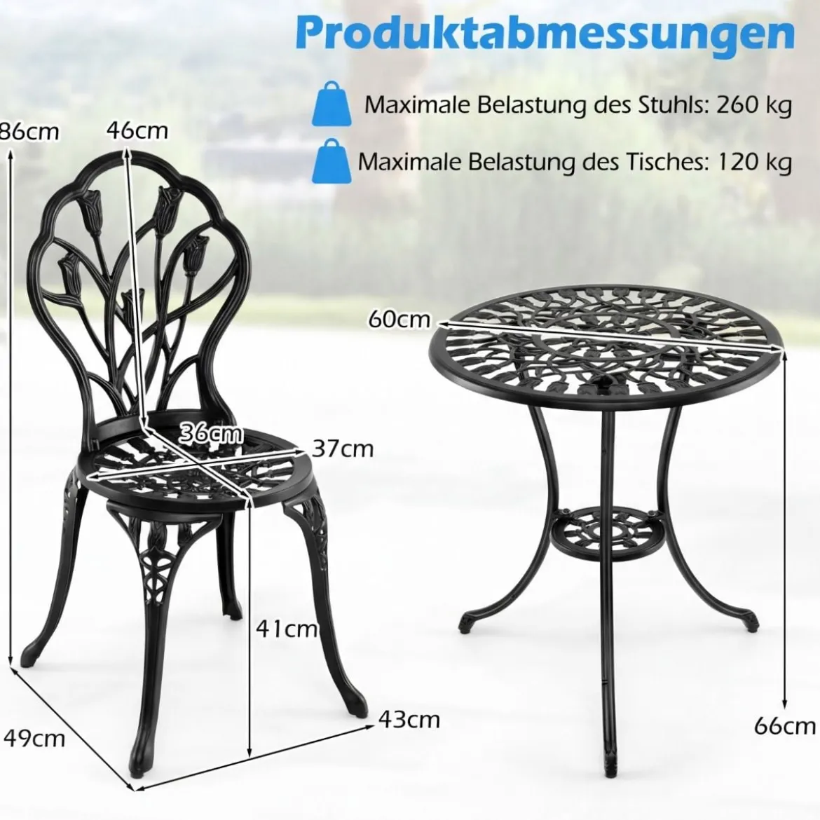 3 tlg. Bistroset inkl. Bistrotisch & 2 Stühle Aluminiumguss Gartengarnitur Sitzgruppe Balkonset