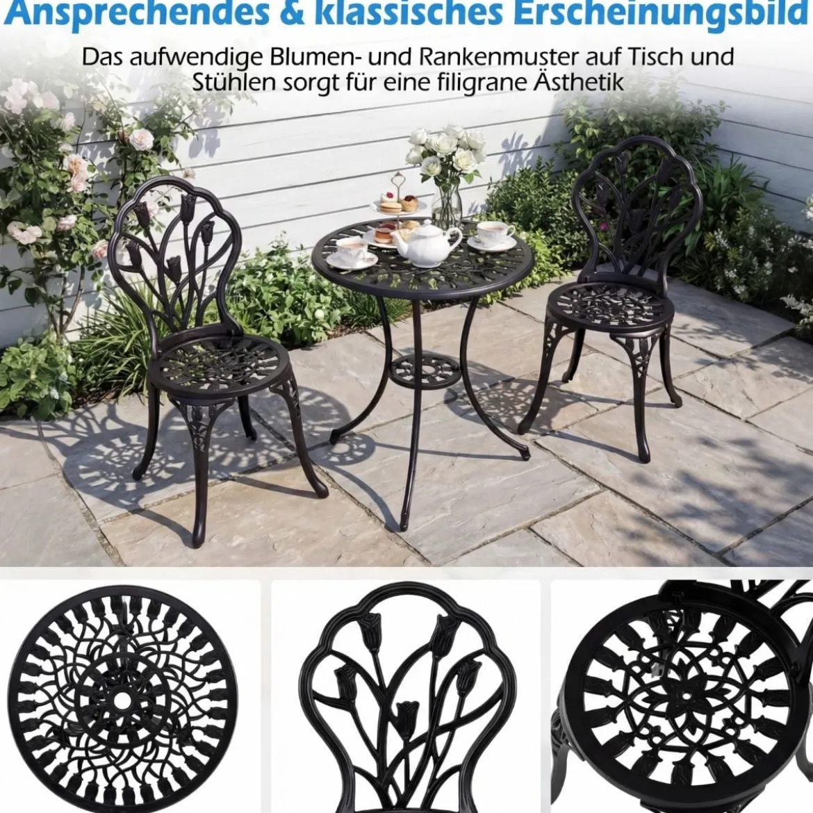 3 tlg. Bistroset inkl. Bistrotisch & 2 Stühle Aluminiumguss Gartengarnitur Sitzgruppe Balkonset