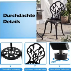 3 tlg. Bistroset inkl. Bistrotisch & 2 Stühle Aluminiumguss Gartengarnitur Sitzgruppe Balkonset