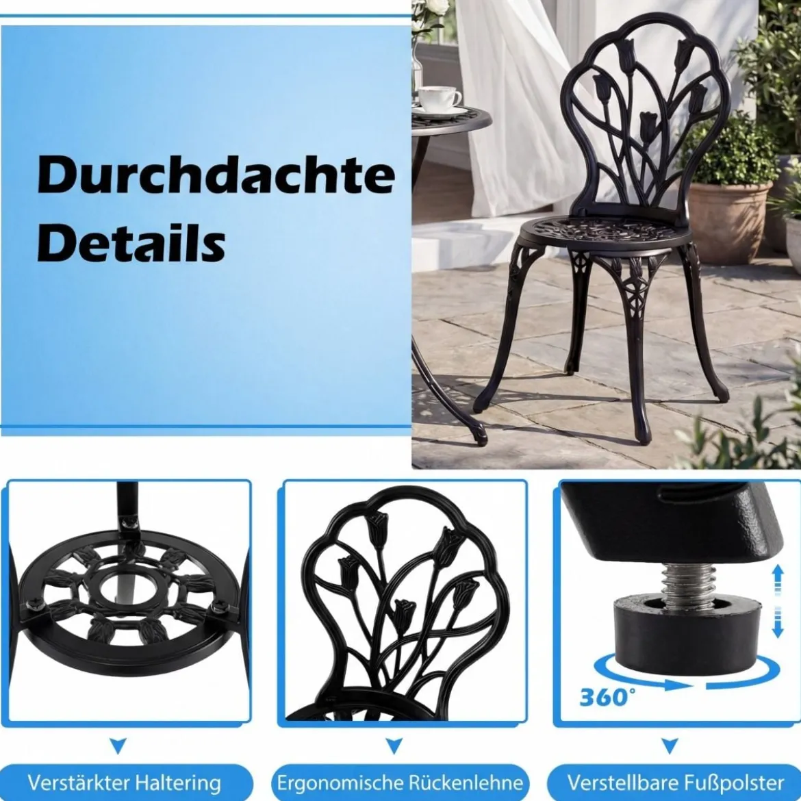 3 tlg. Bistroset inkl. Bistrotisch & 2 Stühle Aluminiumguss Gartengarnitur Sitzgruppe Balkonset