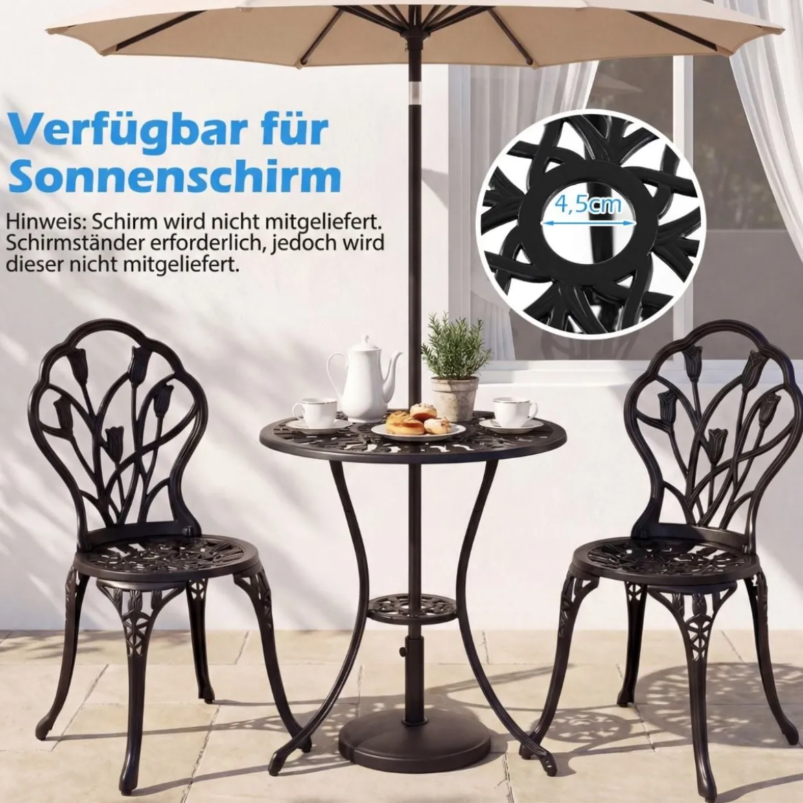 3 tlg. Bistroset inkl. Bistrotisch & 2 Stühle Aluminiumguss Gartengarnitur Sitzgruppe Balkonset