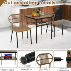 3-TLG. Gartenmöbel Set Balkonmöbel mit 2 Rattanstühle & Esstisch Rattan Terrassenmöbel Platzsparend