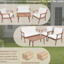 4-TLG. Gartenmöbel Set Balkonmöbel aus Akazienholz Terrassenmöbel mit Sitz- und Rückenkissen Weiß