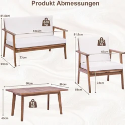4-TLG. Gartenmöbel Set Balkonmöbel aus Akazienholz Terrassenmöbel mit Sitz- und Rückenkissen Weiß