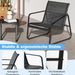 3-TLG. Gartenmöbel Set Balkonset mit 2 Stühlen und Tisch Balkonmöbel mit atmungsaktivem Stoff Schwarz