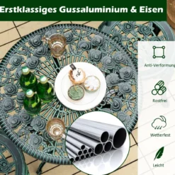 3-tlg. Gartenmöbel Set Balkonset mit 2 Stühle & Tisch aus Aluminiumguss & Gusseisen Rosen