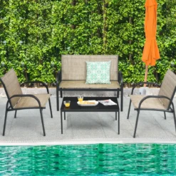 4 TLG. Gartenmöbel Set mit Bank & 2 Stühlen & Couchtisch Lounge Balkonmöbel Set Braun