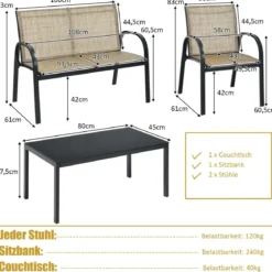 4 TLG. Gartenmöbel Set mit Bank & 2 Stühlen & Couchtisch Lounge Balkonmöbel Set Braun