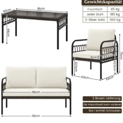 4tlg. Gartenmöbel Set mit 2 Rattansessel & Gartenbank & Glastisch & Kissen Braun + Beige