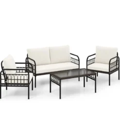 4tlg. Gartenmöbel Set mit 2 Rattansessel & Gartenbank & Glastisch & Kissen Braun + Beige