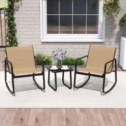 3-tlg. Gartenmöbel Set mit 2 Stühle & Tisch Balkonset mit Sanfter Schaukelbewegung Braun