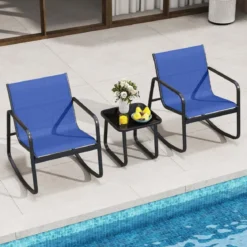 3-tlg. Gartenmöbel Set mit 2 Stühle & Tisch Balkonset mit Sanfter Schaukelbewegung Blau