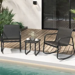 3-TLG. Gartenmöbel Set mit 2 Stühle & Tisch & Sanfter Schaukelbewegung Gartengarnitur