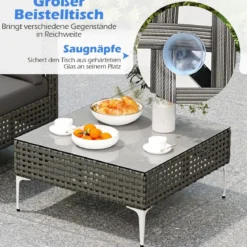 3-TLG Gartenmöbel Set Rattan Balkonmöbel-Set mit 2 Stühle inkl. Sitzkissen & Tisch Sitzgruppe Grau