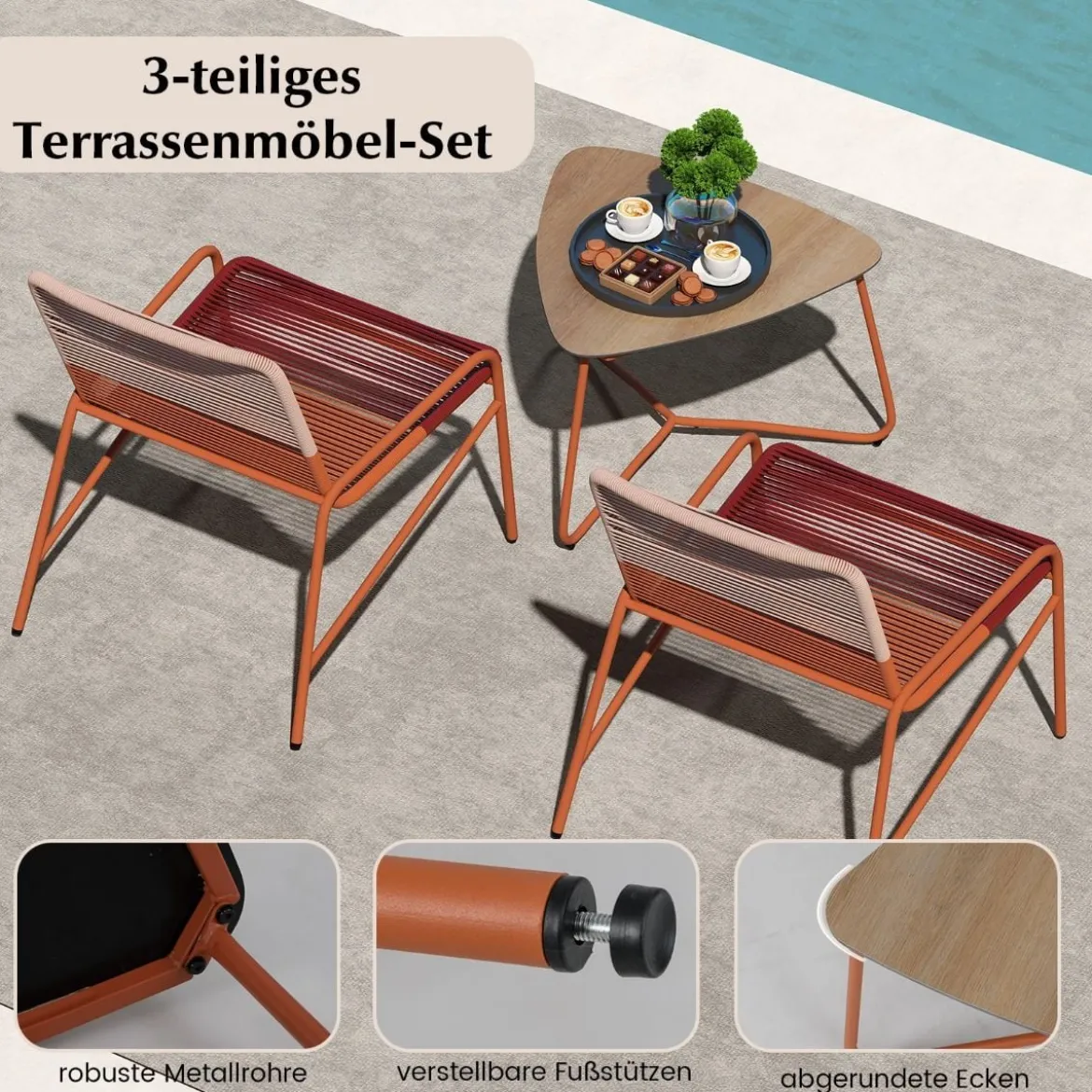 3 TLG. Gartenmöbel Set Rattan Balkonmöbel mit 2 Stühlen & Tisch Garten Sitzgruppe Gartengarnitur