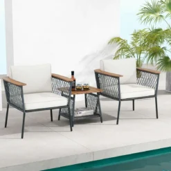 3-tlg. Gartenmöbel-Set Rattanstuhl-Set mit 2-stöckigem Couchtisch Outdoor Gesprächsset
