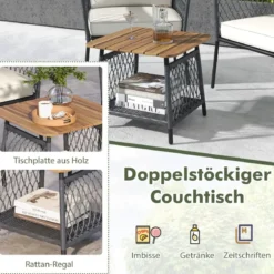 3-tlg. Gartenmöbel-Set Rattanstuhl-Set mit 2-stöckigem Couchtisch Outdoor Gesprächsset