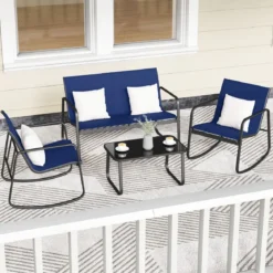 4-tlg. Gartenmöbel Set Terrassenmöbel mit sanfter Schaukelbewegung Sitzgruppe Sitzgarnitur für 4 Personen Blau