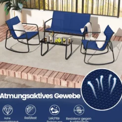 4-tlg. Gartenmöbel Set Terrassenmöbel mit sanfter Schaukelbewegung Sitzgruppe Sitzgarnitur für 4 Personen Blau
