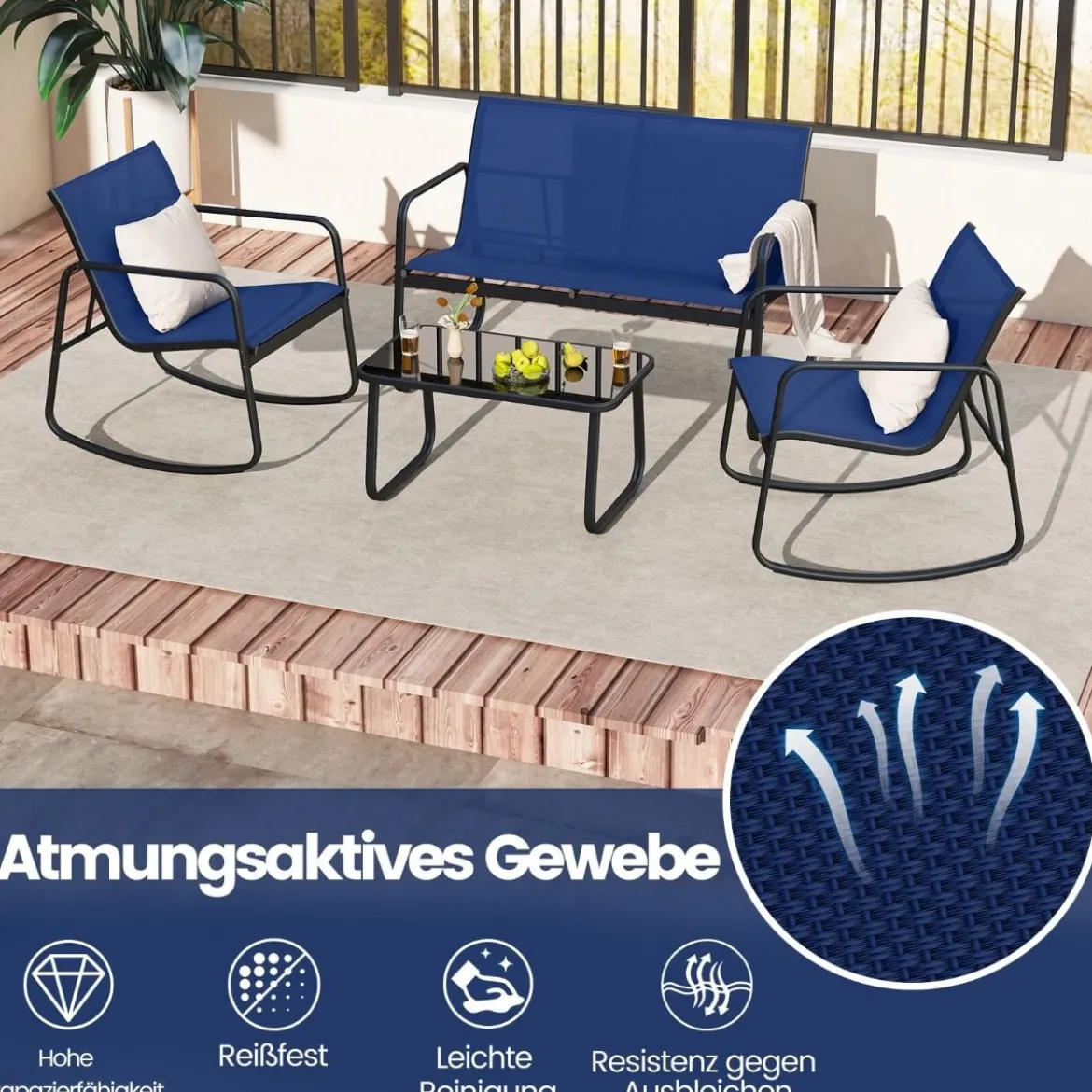 4-tlg. Gartenmöbel Set Terrassenmöbel mit sanfter Schaukelbewegung Sitzgruppe Sitzgarnitur für 4 Personen Blau