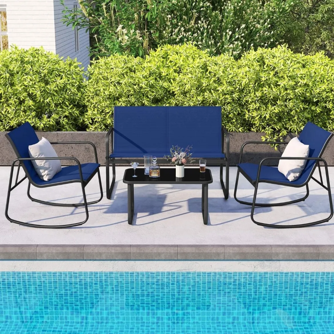 4-tlg. Gartenmöbel Set Terrassenmöbel mit sanfter Schaukelbewegung Sitzgruppe Sitzgarnitur für 4 Personen Blau