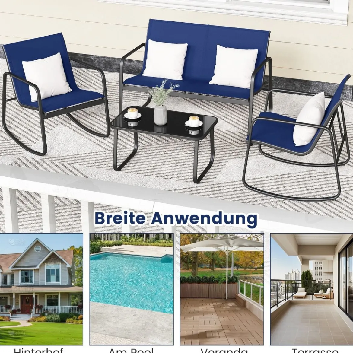 4-tlg. Gartenmöbel Set Terrassenmöbel mit sanfter Schaukelbewegung Sitzgruppe Sitzgarnitur für 4 Personen Blau