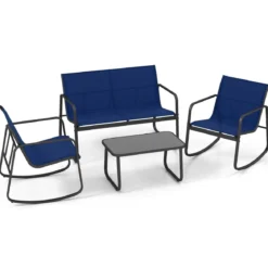 4-tlg. Gartenmöbel Set Terrassenmöbel mit sanfter Schaukelbewegung Sitzgruppe Sitzgarnitur für 4 Personen Blau