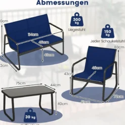 4-tlg. Gartenmöbel Set Terrassenmöbel mit sanfter Schaukelbewegung Sitzgruppe Sitzgarnitur für 4 Personen Blau