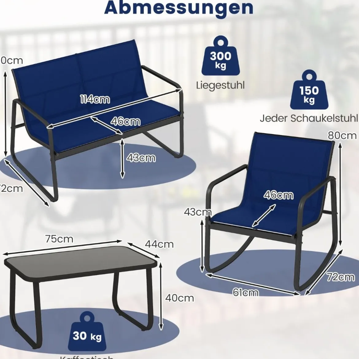 4-tlg. Gartenmöbel Set Terrassenmöbel mit sanfter Schaukelbewegung Sitzgruppe Sitzgarnitur für 4 Personen Blau