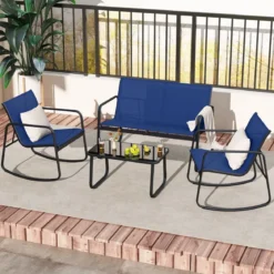 4-tlg. Gartenmöbel Set Terrassenmöbel mit sanfter Schaukelbewegung Sitzgruppe Sitzgarnitur für 4 Personen Blau