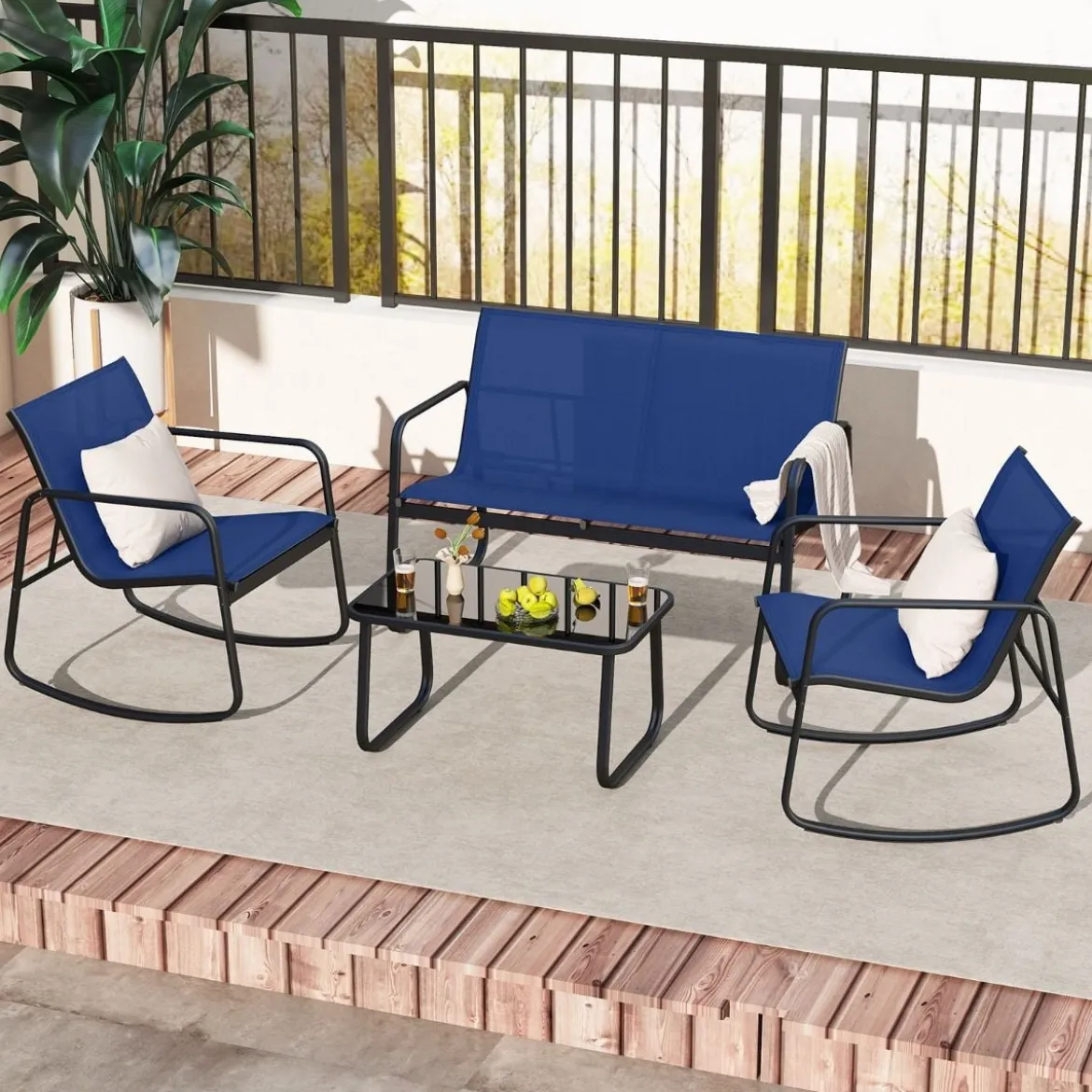4-tlg. Gartenmöbel Set Terrassenmöbel mit sanfter Schaukelbewegung Sitzgruppe Sitzgarnitur für 4 Personen Blau