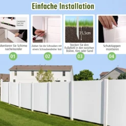 2 TLG. Gartenzaun mit Pfosten & Schutzkappen 124 cm Hoch PVC Sichtschutzzaun Steckzaun Weiß
