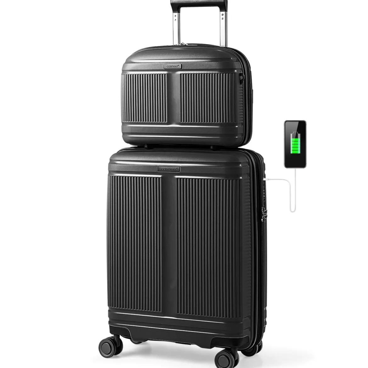 2 tlg. Gepäckset inkl 20" Handgepäckkoffer & 14" Kosmetikkoffer PP Hartschalengepäck Schwarz