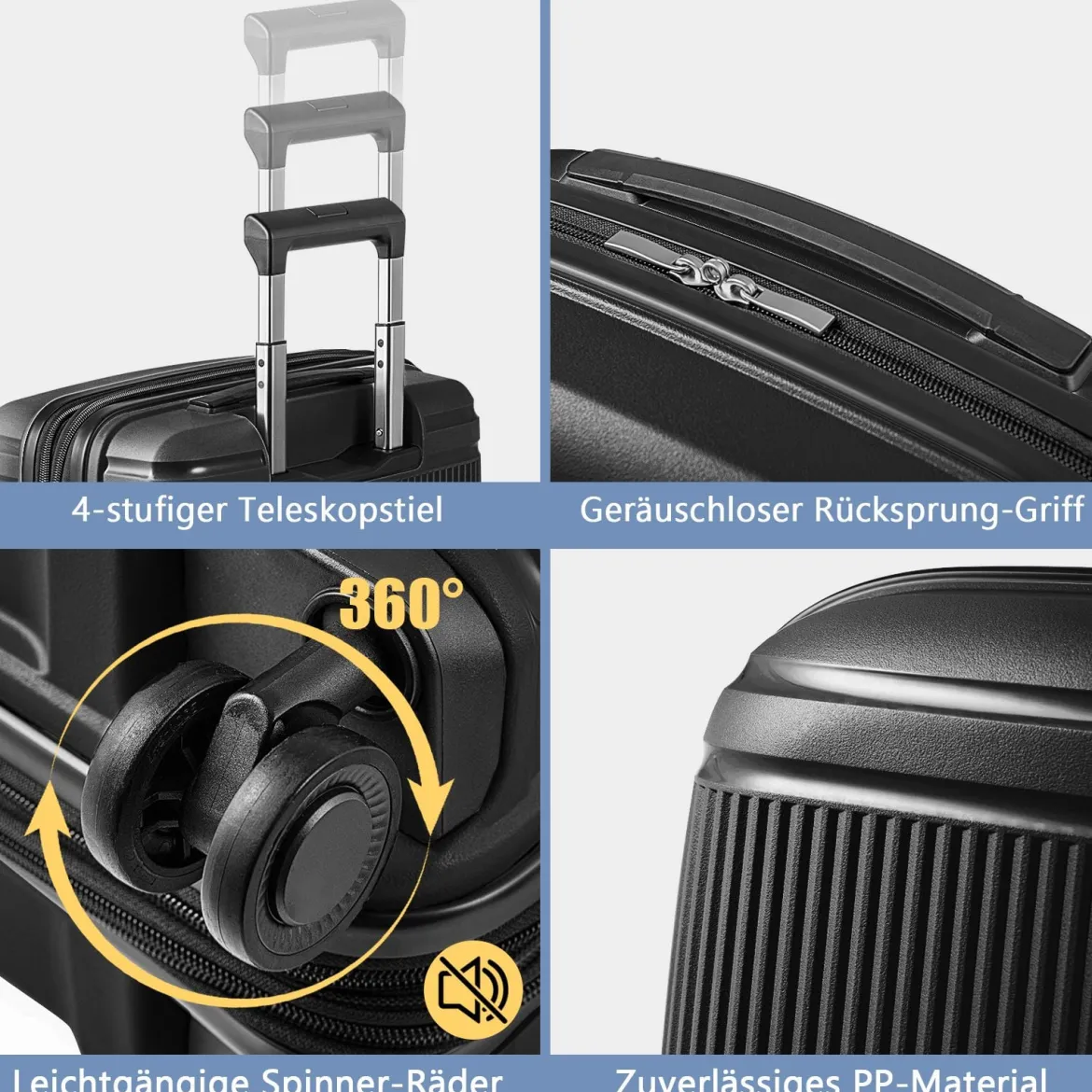 2 tlg. Gepäckset inkl 20" Handgepäckkoffer & 14" Kosmetikkoffer PP Hartschalengepäck Schwarz